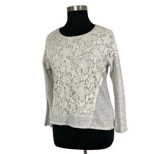 Democracy L Ivory Lace Sweatshirt Boho Athleisure Deconstructed Top Office Artsy